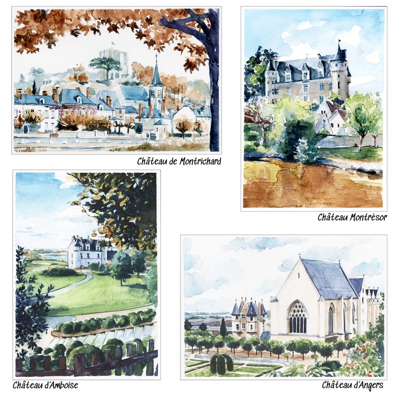 May include: A collage of four watercolor paintings depicting different French castles. The top left image shows a castle with a red roof and a tall tower. The top right image shows a castle with a white facade and a green roof. The bottom left image shows a castle with a white facade and a green roof. The bottom right image shows a castle with a white facade and a gray roof.