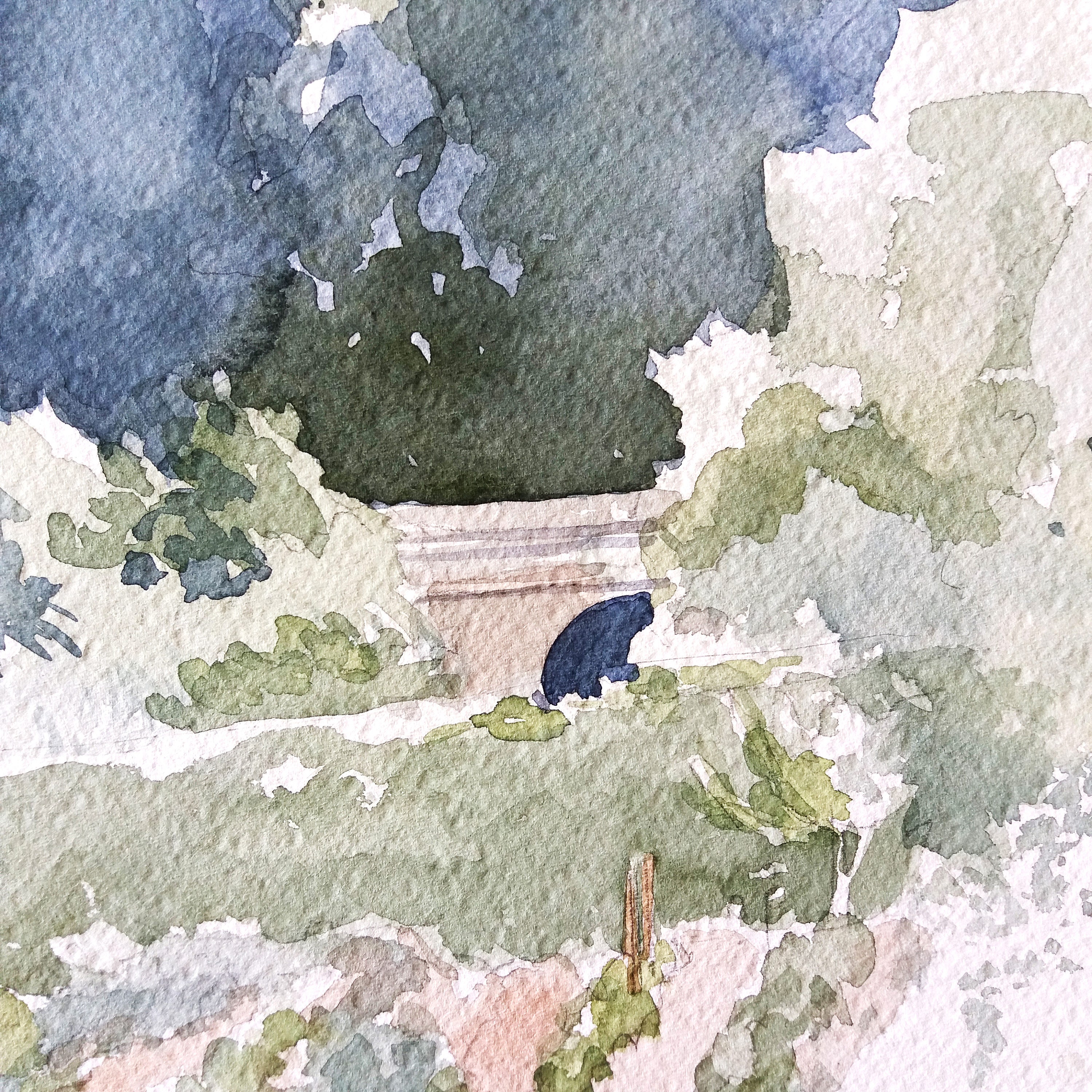 水彩田園風景、村の庭の絵、菜園の絵、風景画、オリジナルの水彩画