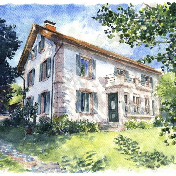 Portrait de maison personnalisé, Dessin architecture unique, Illustration personnalisée maison, Aquarelle personnalisée maison, original