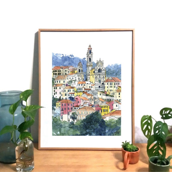 チェルボ水彩、キャラクター都市絵画、イタリア村イラスト、カラフルな