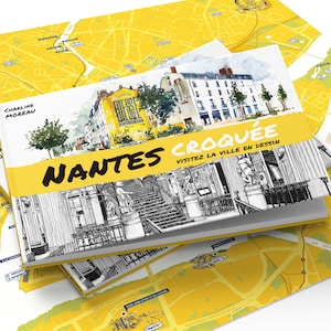Libro Croquée de Nantes, Cuaderno de dibujos y acuarelas, Libro de viaje, escrito e ilustrado por Charline Moreau, formato A5, regalo de Nantes
