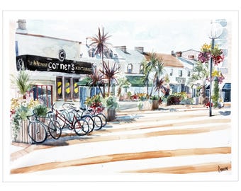 Watercolor painting on paper, downtown St-Brévin-les-pins, rectangular format 49x68.5 cm, wall decoration