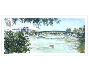 Watercolor River Landscape, Erdre Table, Urban Landscape, Nantes Illustration, Original Nantes Painting, Watercolor Ile de Versailles