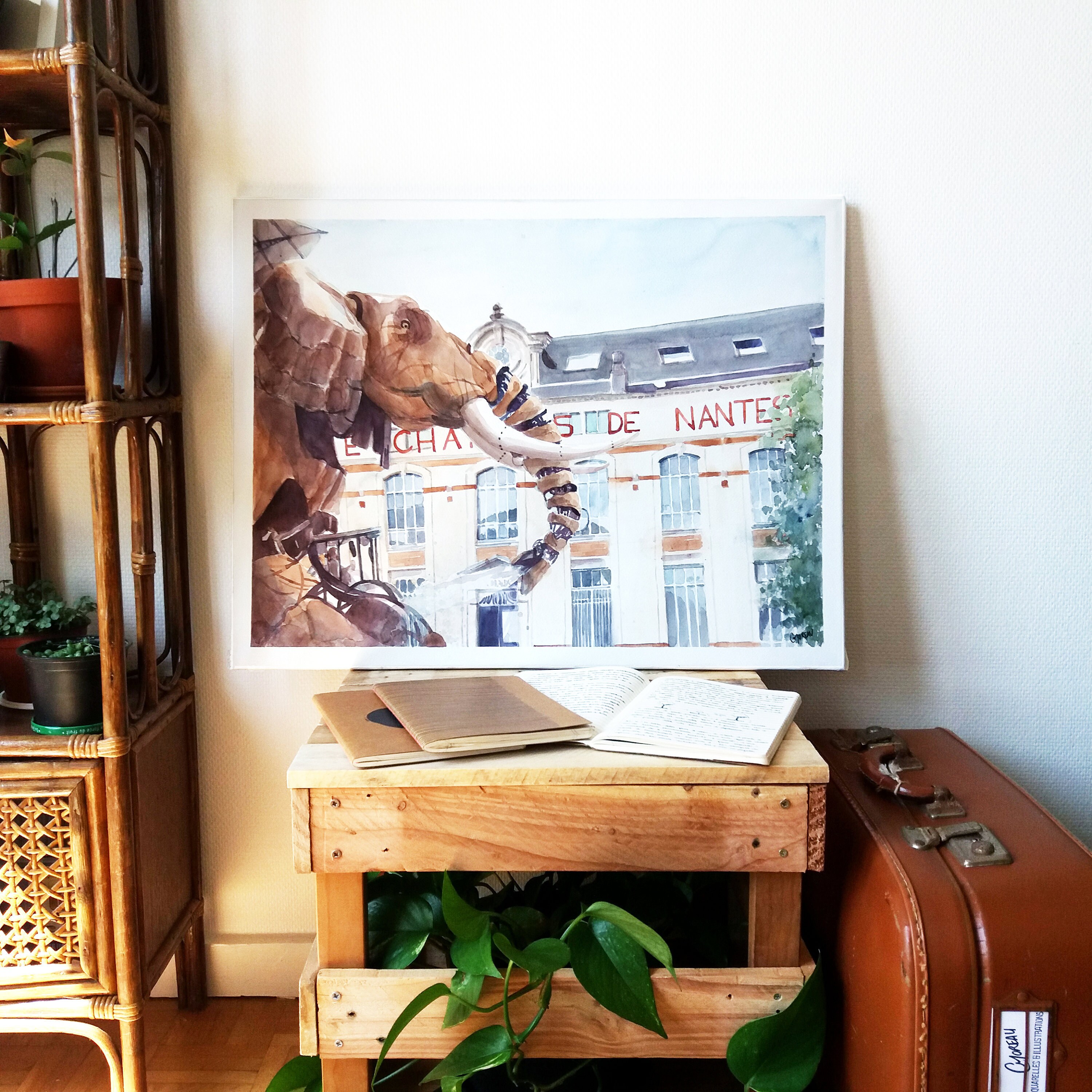 Nantes olifantenschilderij, aquarel op papier, rechthoekig formaat 64x49  cm, wanddecoratie, origineel machinaal werk, Charline Moreau - Etsy België, image size:3000x3000