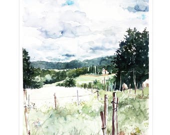 Original watercolor, Landscape Table, Mountain Landscape, Forest Hill, Trees Table, Watercolor Country, Landscape France, Watercolor Nature