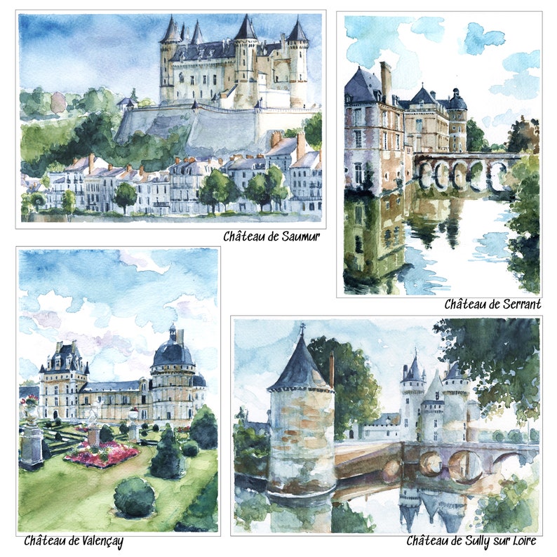 May include: A collage of four watercolor paintings depicting French castles. The top left image shows Ch&acirc;teau de Saumur, a large castle with white walls and a gray roof. The top right image shows Ch&acirc;teau de Serrant, a castle with a bridge over a river. The bottom left image shows Ch&acirc;teau de Valen&ccedil;ay, a castle with a green lawn and a flower garden. The bottom right image shows Ch&acirc;teau de Sully sur Loire, a castle with a bridge over a river.
