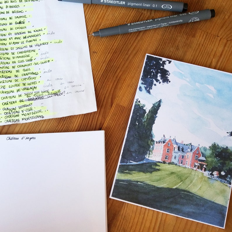 May include: Watercolor painting of a red brick building with a green roof. The building is surrounded by green grass and trees. The sky is blue with white clouds.