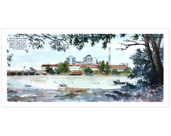 Watercolor painting on paper Nantes, Panorama Loire Beghin Say Haute île, Painting landscape river France, wall decoration 23x50 cm
