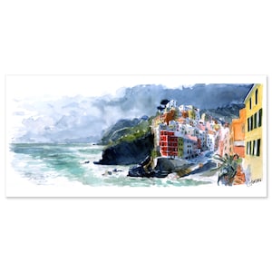 Carte postale Cinque terre, Illustration Riomaggiore italie, Dessin paysage côte ligure, Aquarelle tempête, Souvenir voyage cinq terre 21x10