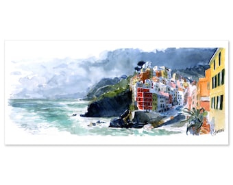 Postcard Cinque terre, Illustration Riomaggiore italy, Drawing landscape Ligurian coast, Watercolor storm, Souvenir travel five land 21x10