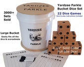 CARVED YARDZEE Farkle Yahtzee Cedar Dice 20 other Dice Games with 4 Re Usable Score Cards, 4 Dry Erase Markers and (Bucket) or (Bag)