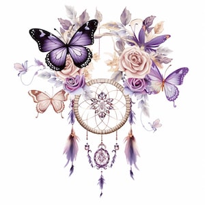 Floral Dreamcatcher Clipart Bundle: Butterfly & Rose PNG Graphics (Digital Download)