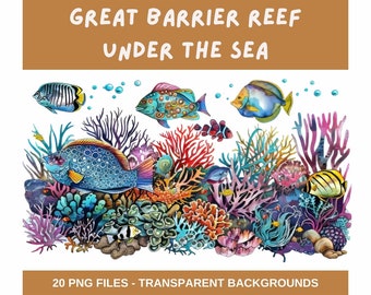 Great Barrier Reef Under the Sea Bundle. - 20 x png Transparent Backgrounds |  300 dpi PNG colourful fish and coral under the sea