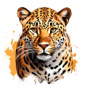 Può includere: Un ritratto ravvicinato di un leopardo con un manto maculato giallo e nero. Il leopardo guarda direttamente lo spettatore con un'espressione seria. Lo sfondo è una tela bianca con schizzi di vernice arancione.