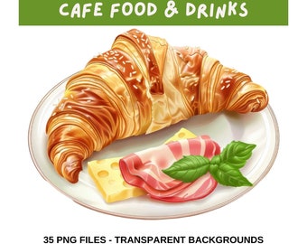 Cafe Food & Drinks Bundle  PNG Images: Croissant, Cappuccino, Patisserie (Digital Download)