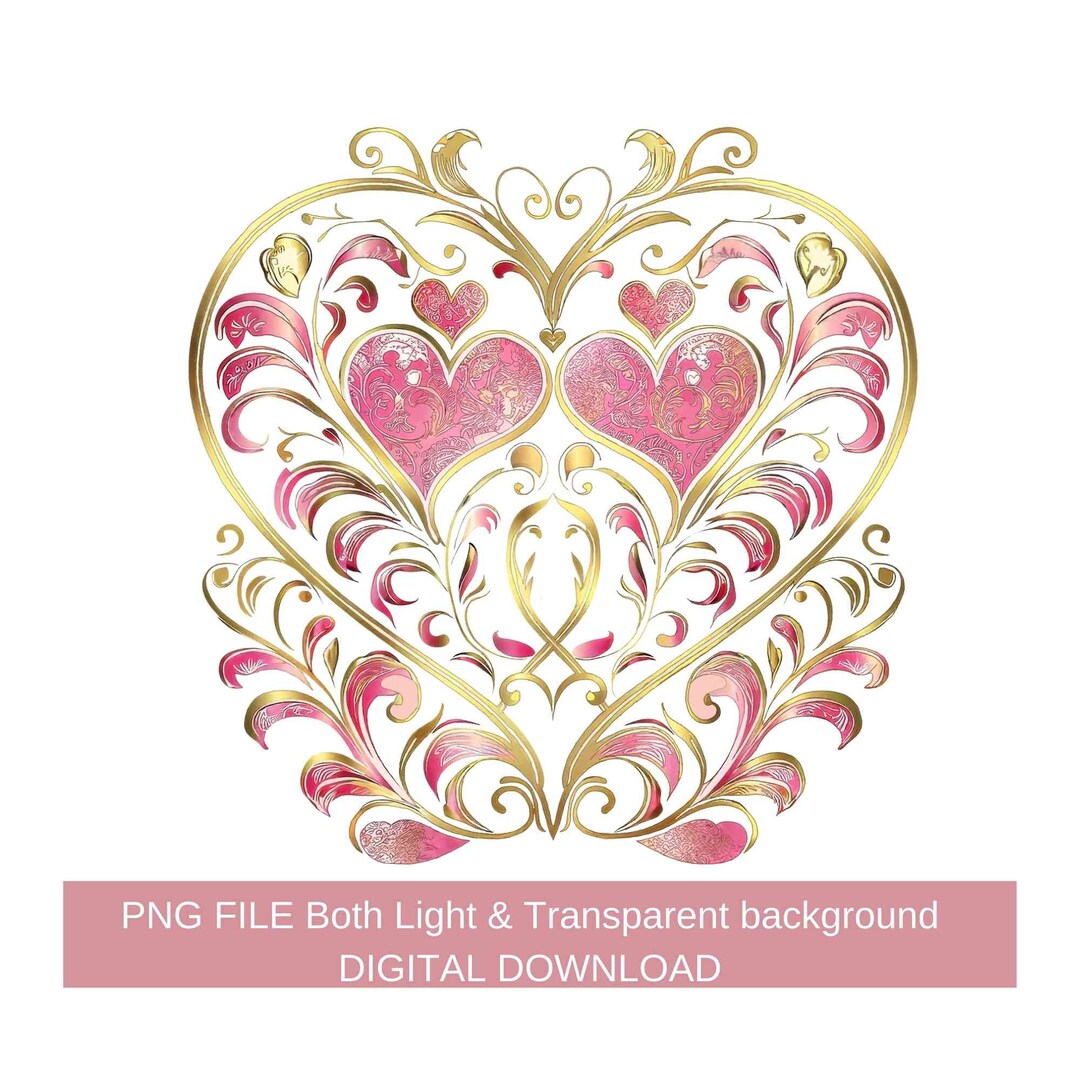 Pink & Gold Floral Hearts Bundle PNG: Valentine's Day Clipart (digital ...