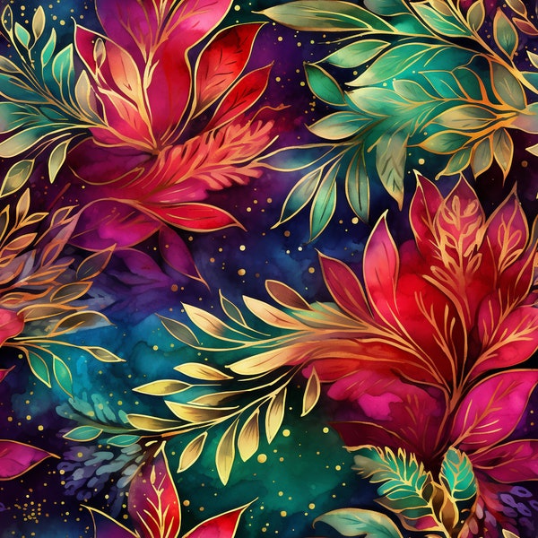 Seamless colourful floral pattern, bolt vibrant color gradients, nature inspired hyper-detailed illustrations, magenta and gold & purple
