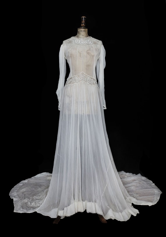 1940s Wedding Dress with Large Embroidered Train