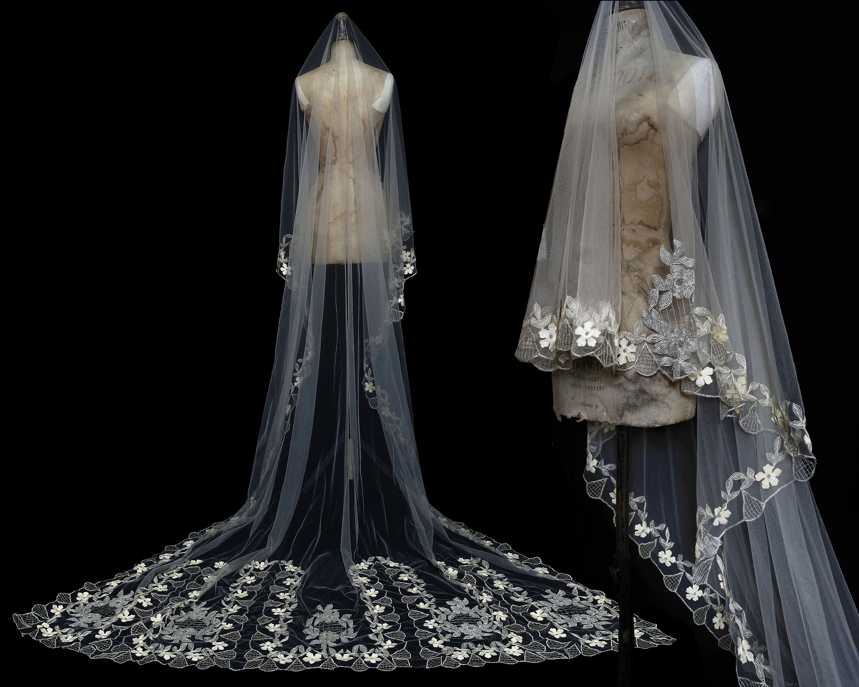 Hand Embroidered 1920s, Art Deco, Desdemona Cathedral Veil