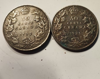 2 x Two Canadian half dollars 50 cents Coins King George V 1921 and 1932