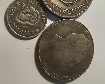 3 x three Australian coins William IIII 1830 New south Wales crown, George VI one crown 1938, one shilling 1937 George VI