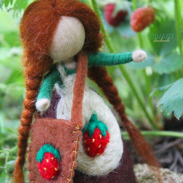 Waldorf Inspired Needle Felted Doll, Summer Doll, Seasonal Table Doll, Doll with Strawberry, Waldorf doll , 100% Pure Wool, Eko Toy