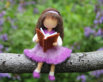 Girl with a Book, Felted Doll, Needle Felted Doll, Felted Fairy, Wool Doll, Waldorf Inspired, Wool Decor, Wool Figurine, 100% Pure Wool