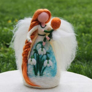 Needle Felted Fairy with Snowdrops and baby, Needle Felted Art Doll, Wool Fairy, Waldorf Inspired, Wool Sculpture, 100% Pure Woo