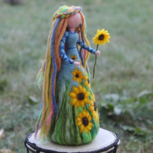 Needle Felted Fairy, Fairy with Sunflower, Summer Doll, Waldorf Toys, Gift Idea, Original Art , Home Decor, Wool, Eko Toys