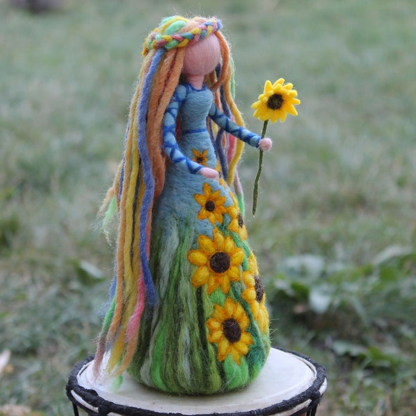 Needle Felted Fairy Doll with Sunflower: Handmade Wool Eko Toy