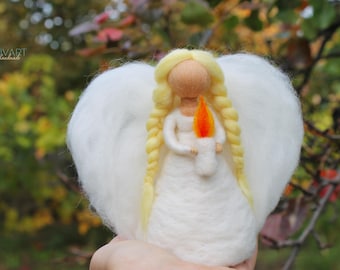 Needle Felted Wool Angel with Candle: Waldorf Inspired Christmas Decor