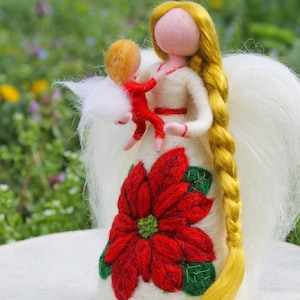 Needle Felted Fairy with Christmas star and baby, Needle Felted Art Doll, Wool Fairy, Waldorf Inspired, Wool Sculpture, 100% Pure Wool