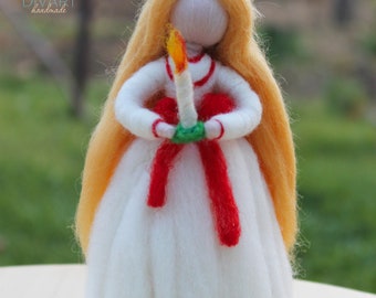 Saint Lucia, Waldorf inspired Christmas Doll, Needle Felted Doll , Queen of Lights, Candle Wreath, Holiday Decor, Seasonal Doll, Pure Wool