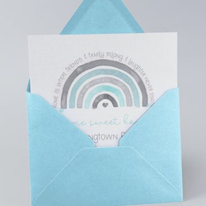 Nouvelle carte d’accueil | Nouvelle carte d’accueil personnalisée | Nouvelle maison Rainbow | Carte bleue New Home