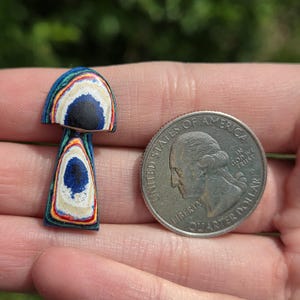 May include: A small, colorful mushroom-shaped wooden figurine with a quarter for size comparison. The mushroom has a blue, black, and white cap and a matching stem. The wood grain is visible, and the colors are vibrant.
