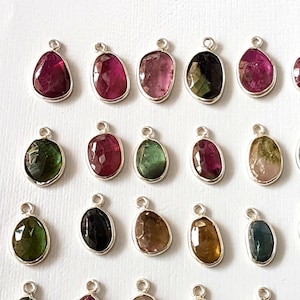 Connectors,bezel,links,Natural watermelon TOURMALINE faceted slices gemstone 925 sterling silver,single loop,10 pieces,5x8-8x14 mm[E4738]