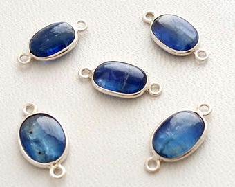 KYANITE smooth oval shaped 925 sterling silver bezel connector,double loop, 7x15 mm to 8x15 mm,5 Pieces , 14 ct. Approx [E1786]