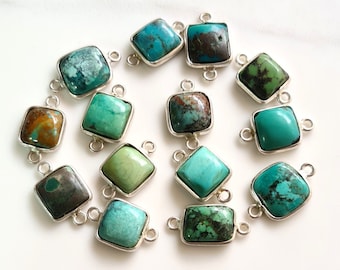 5 Piece Natural Turquoise Gemstone Connector Silver Connector Charms Bezel Double Looped Size-7X8 To 8X9 MM  Smooth Square Shapa {E10193}
