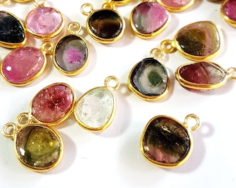 Connectors,bezel,Natural watermelon TOURMALINE slices gemstone 925 Sterling Silver Gold Plated connector,5 pieces,7x10 To 8x11 MM [E9846]
