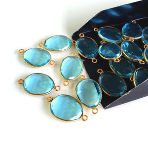 5 Pieces Blue Topaz Quartz Gemstone Connector/ Blue Topaz Quartz Gold Plated Double Looped/ Rose Cut Cabochon/ Size : 13X15 MM Approx