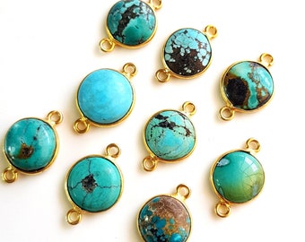 5 Piece Natural Turquoise Gemstone Connector 925.Strealing Silver 14K Gold Plated Single & Double Looped Size-9 To 12 MM  Smooth Round Shape