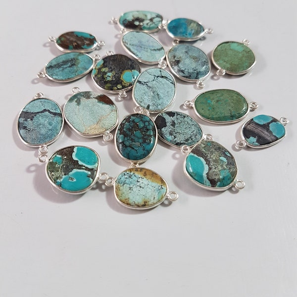 VENTE EN GROS LUNETTE 5 Pièces TURQUOISE Cabochons lisses en forme de connecteur de lunette en argent sterling 925 double boucle 12x14 -- 15x19 mm Environ [E1826]