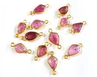 Amazing ! Connectors,Natural Pink TOURMALINE gemstone 925 sterling silver Gold Plated connector, Double loop,5 pieces,5x12 TO 7X15 mm[E9853]