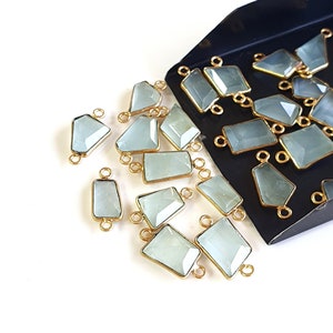 5 Pieces Natural Aquamarine Silver Connector/ Double Loop Fancy Connector/ Gold Plated/ One Side Faceted/ Size - 8 mm to 10 mm Approx
