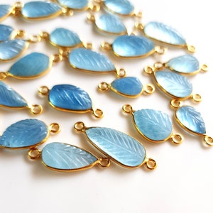 BLUE COLOURS 5 Piece Natural Blue Aquamarine Gemstone Connector,Charms quality Leaf Carving Shape Double Looped Size-7x8 To 6x17  E10627