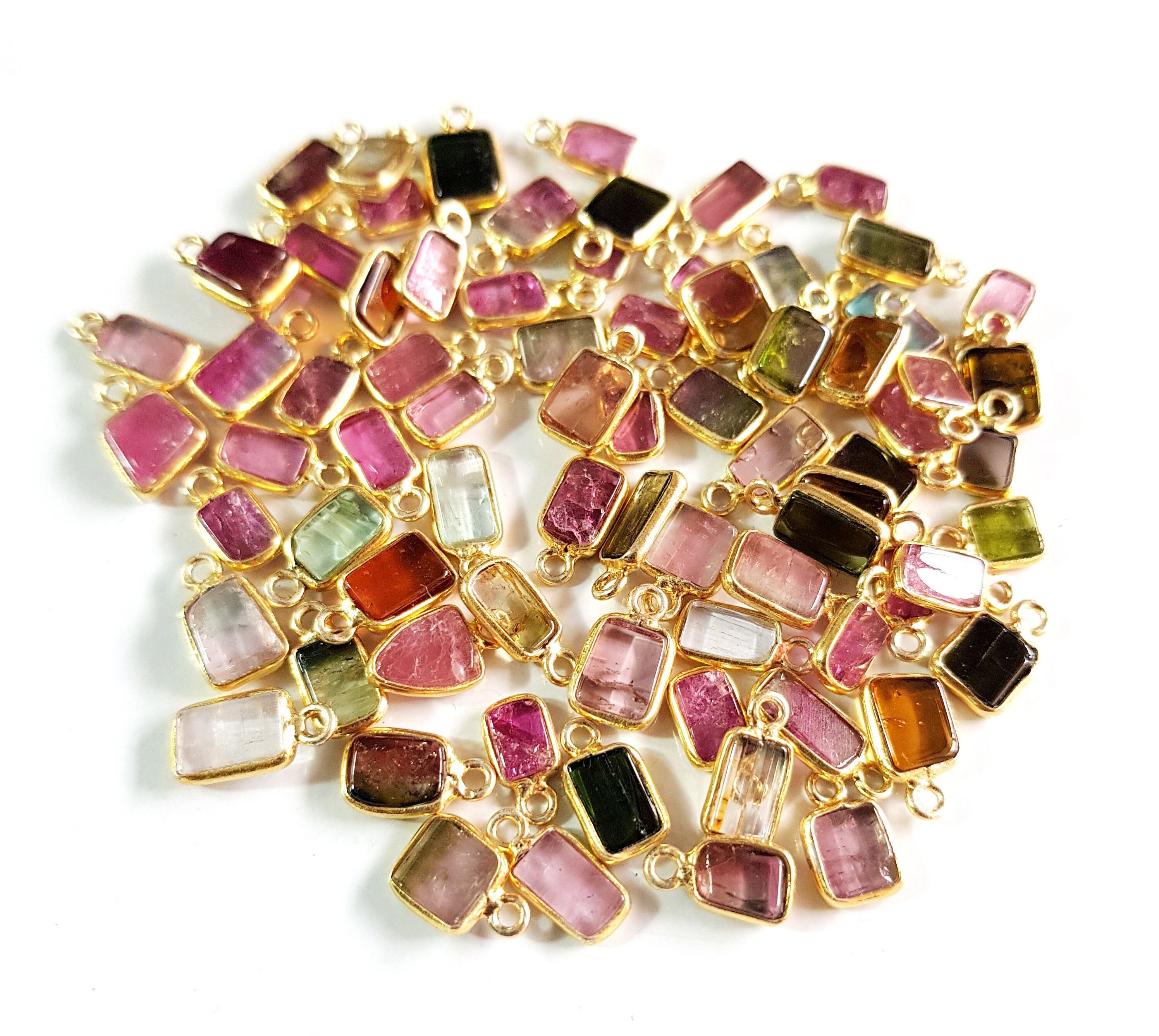 5 Piece Natural Watermelon Tourmaline Gemstone Connector 925 Silver 14K Gold Plated  Single & Looped Size-3x4 To 5x9 Square Shape {E9974}