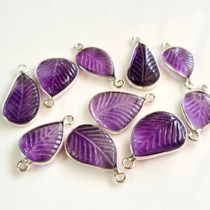 5 Piece Natural Purple Gemstone Amethyst Connector  Single or Double Looped  Silver Connector Gemstone  Leaf Carving Shape {E10086}