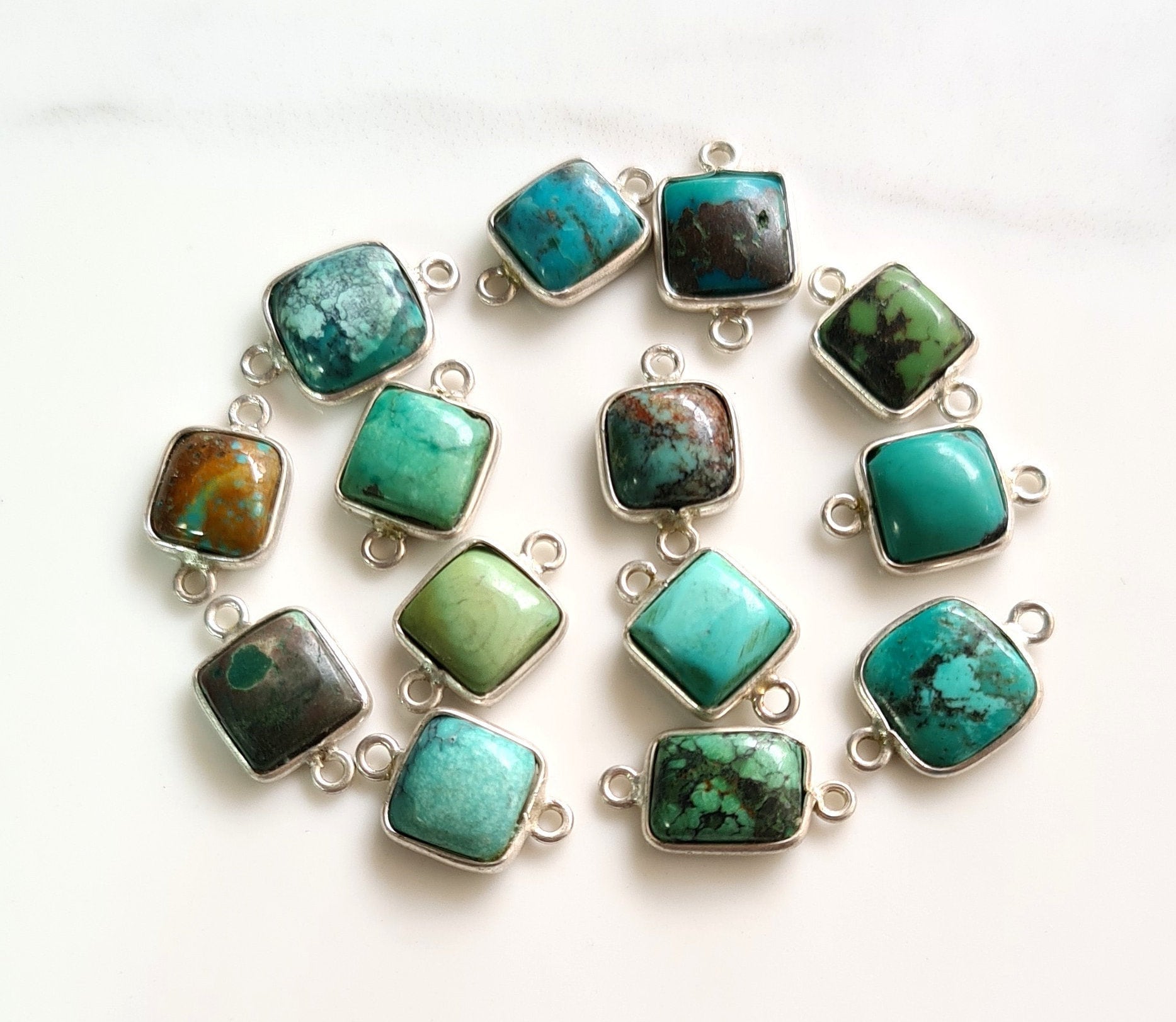 5 Piece Natural Turquoise Gemstone Connector Silver Connector Charms Bezel Double Looped Size-7X8 To 8X9 MM  Smooth Square Shapa {E10193}