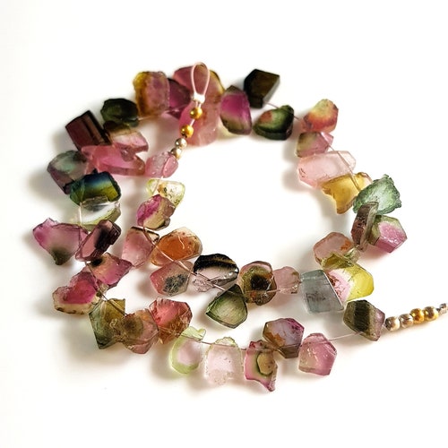 Watermelon Tourmaline Slices Gemstone Beads Watermelon Tourmaline bi colors drill slices shops Necklace 5x5- 9x10 mm 9 inch strand {E10633}