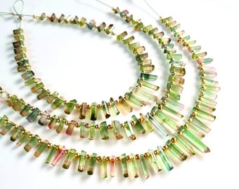 Bio Watermelon Tourmaline Stick Gemstone Crystal Gemstone Smooth Tourmaline Drilled Sticks Size 4x2 To 12x2 MM Approx. 6 Inch Full Strand